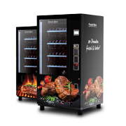 Zwei schwarze Verkaufsautomaten mit Grillfleisch- und Flammenmotiven